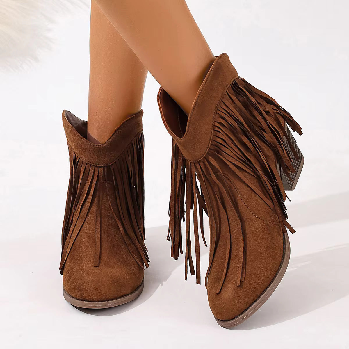 Women's Ankle Boots Western Fringe Round Toe Block Heel – Music Festival
