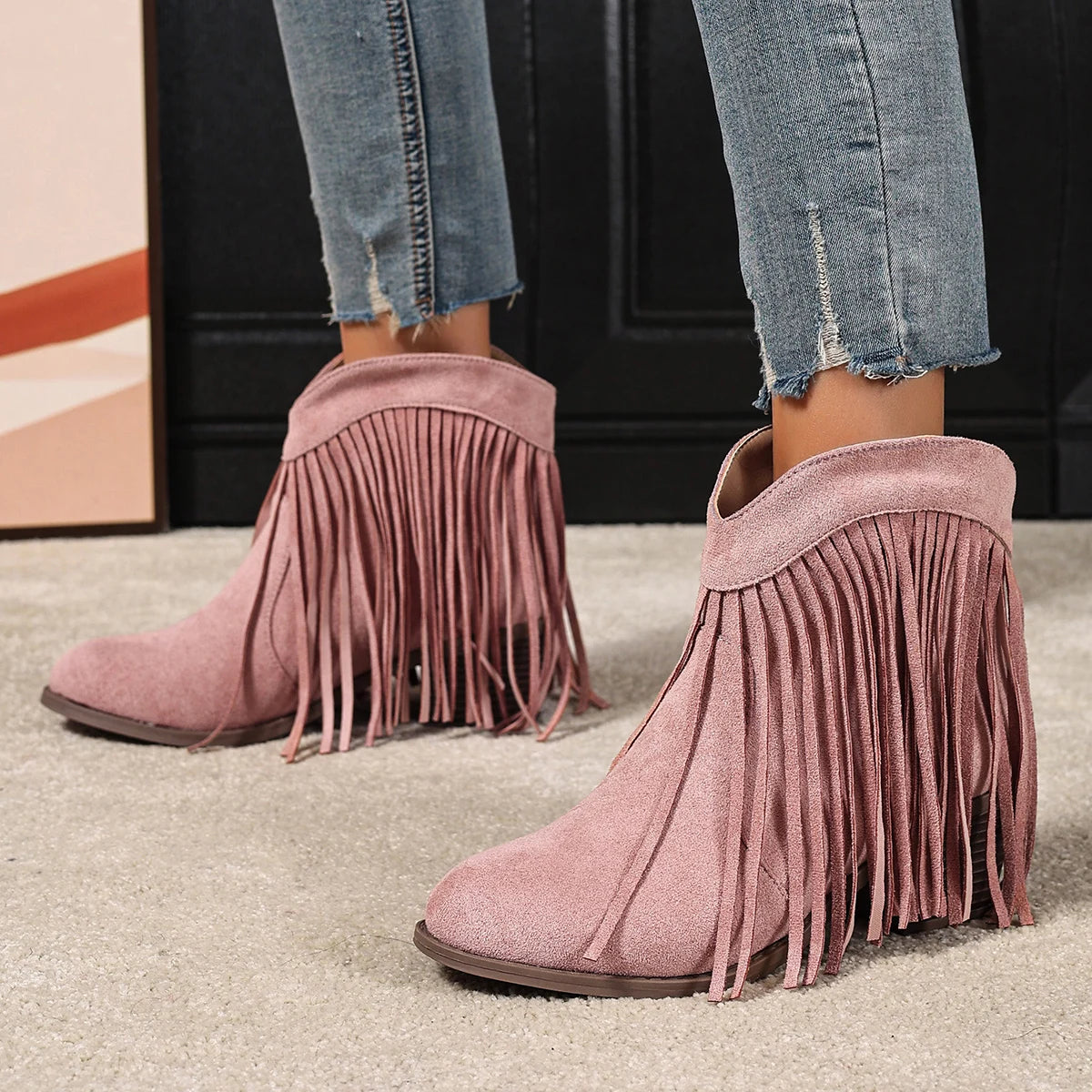 Women's Ankle Boots Western Fringe Round Toe Block Heel – Music Festival