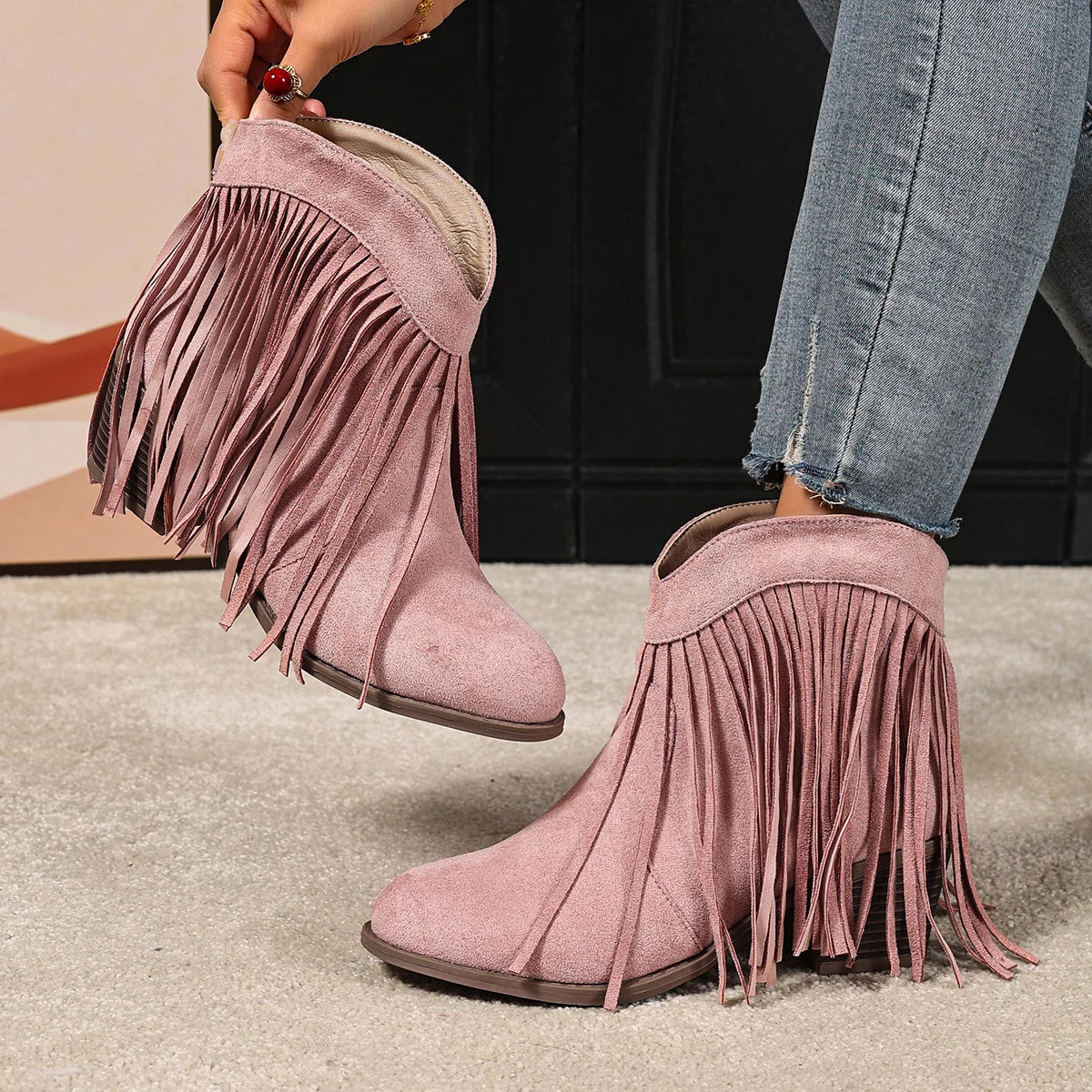 Women's Ankle Boots Western Fringe Round Toe Block Heel – Music Festival