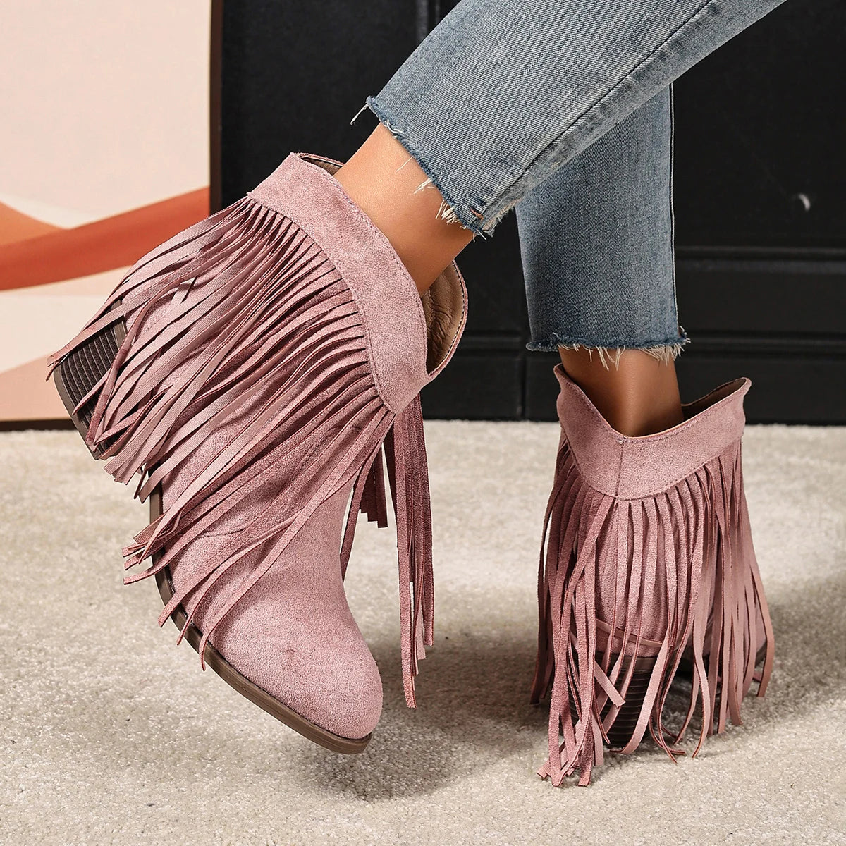 Women's Ankle Boots Western Fringe Round Toe Block Heel – Music Festival