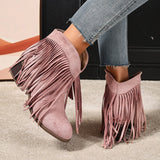 Women's Ankle Boots Western Fringe Round Toe Block Heel – Music Festival