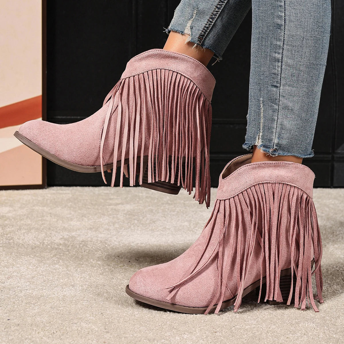 Women's Ankle Boots Western Fringe Round Toe Block Heel – Music Festival
