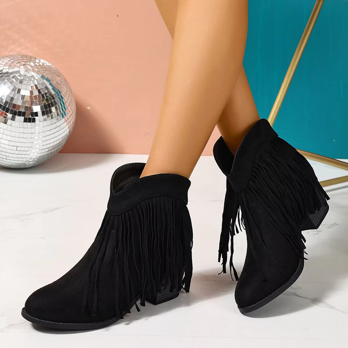 Women's Ankle Boots Western Fringe Round Toe Block Heel – Music Festival