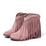 Women's Ankle Boots Western Fringe Round Toe Block Heel – Music Festival