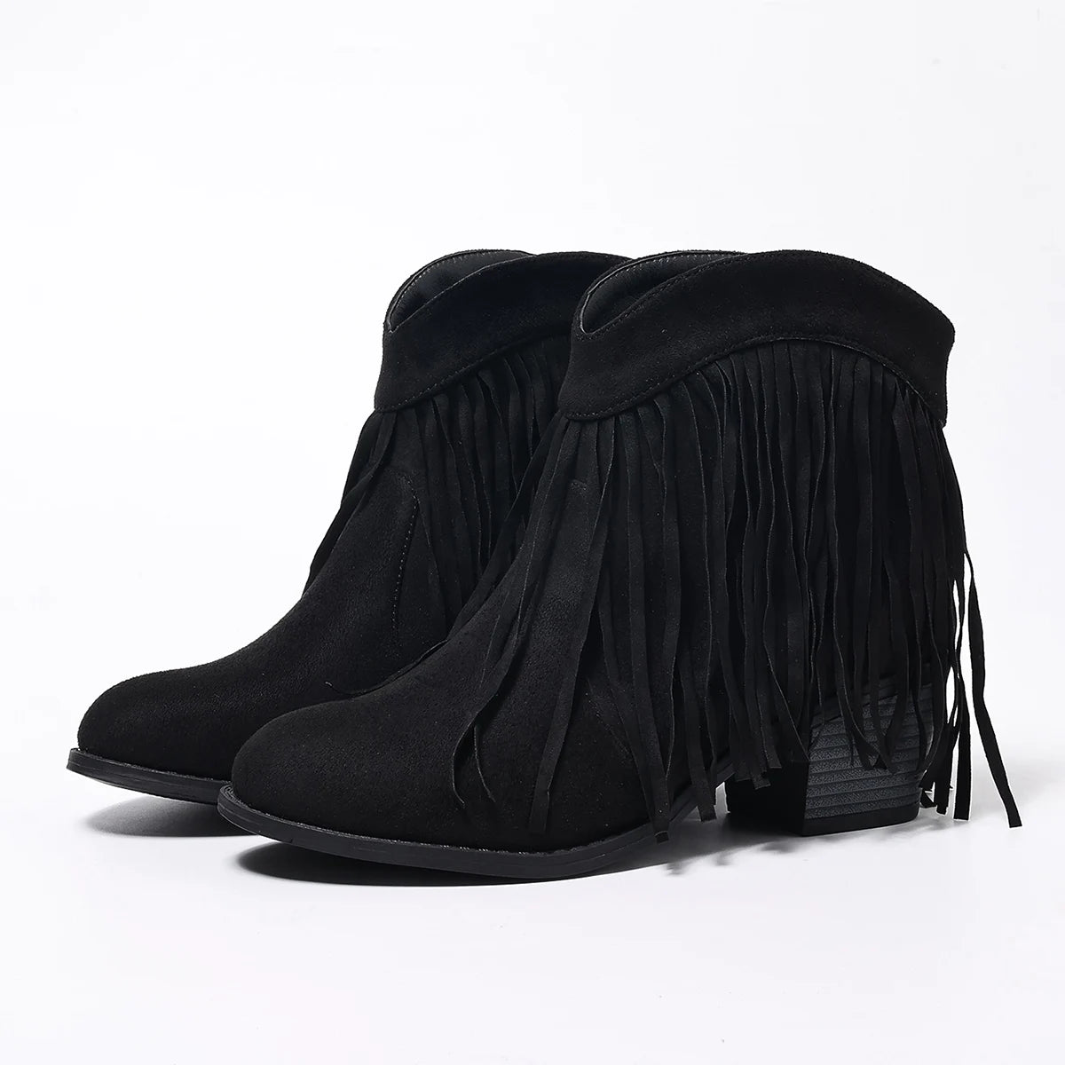Women's Ankle Boots Western Fringe Round Toe Block Heel – Music Festival