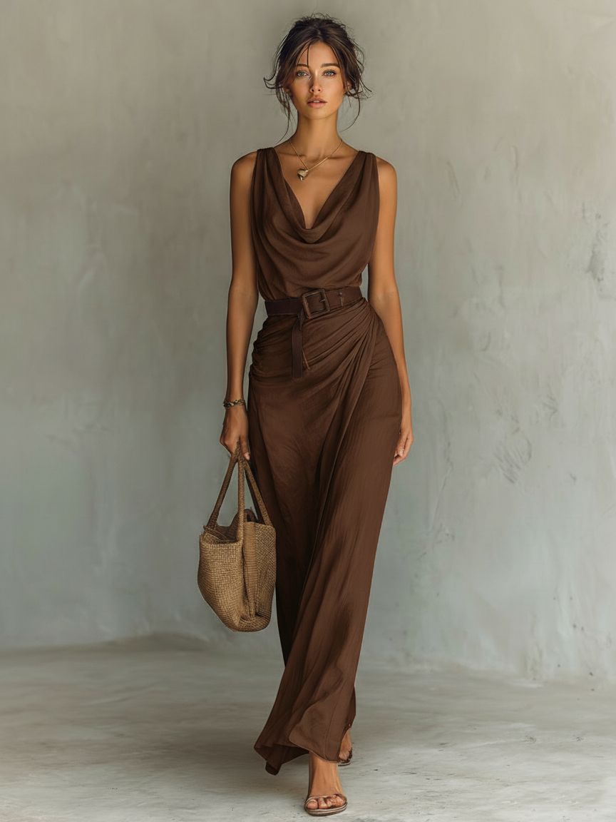 Women's Belted Maxi Dress Cowl Neck Sleeveless – Wedding Guest Reception