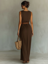 Women's Belted Maxi Dress Cowl Neck Sleeveless – Wedding Guest Reception