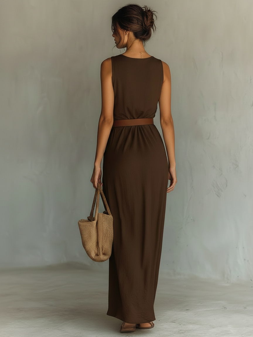 Women's Belted Maxi Dress Cowl Neck Sleeveless – Wedding Guest Reception