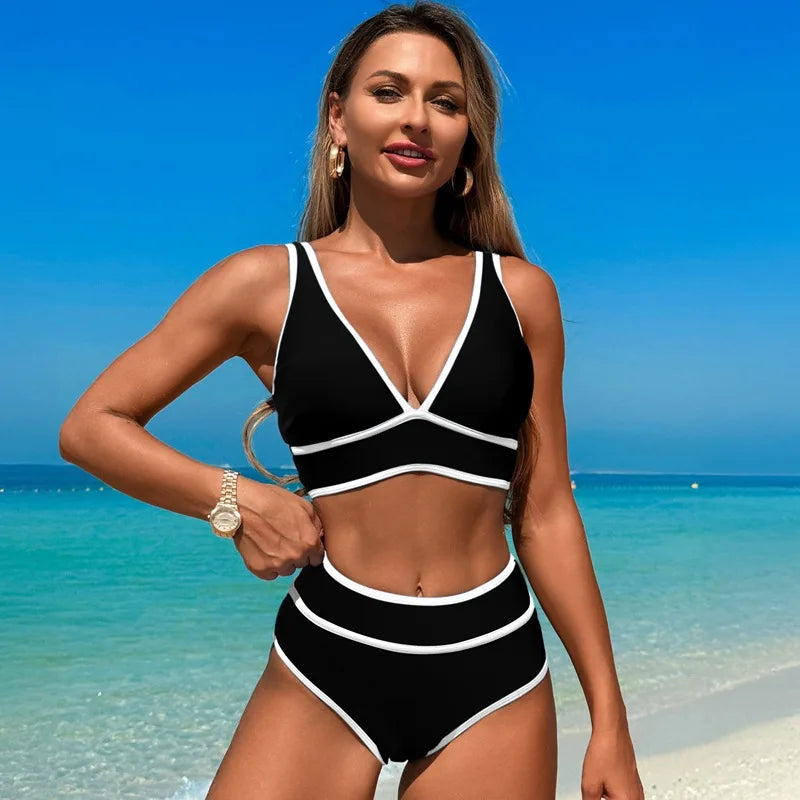 Women's Bikini Set High Waisted V Neck Contrast Trim – Beach Vacation