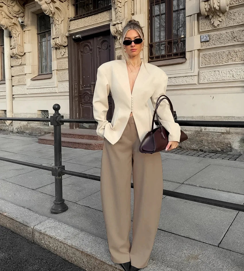 Women's Blazer Structured V Neck Button Front Long Sleeve - Business Casual
