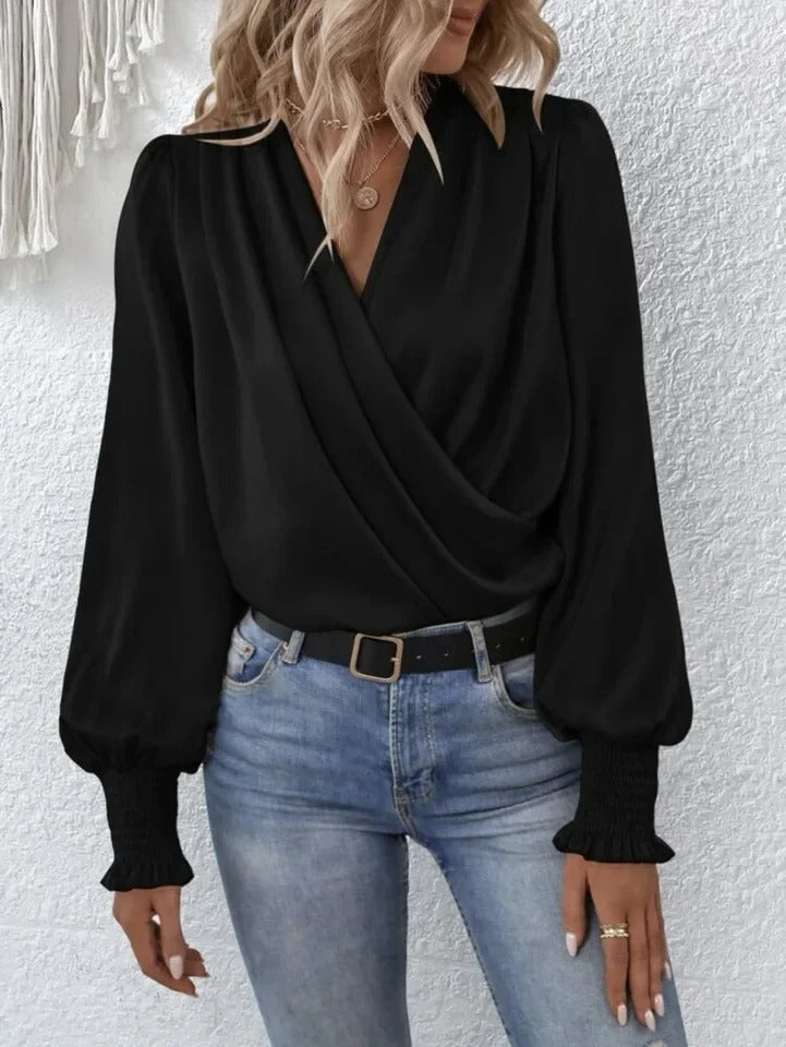 Women's Blouse Draped Front Long Sleeve Smocked Cuffs – Business Dinner