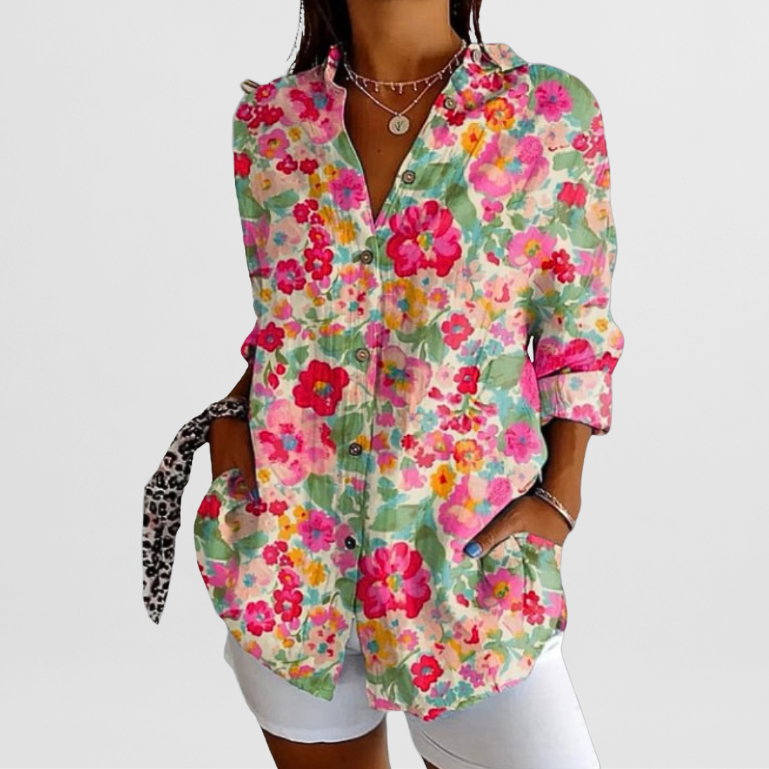 Women’s Blouse Printed Pattern Collared Neckline Button Front – Community Workshops