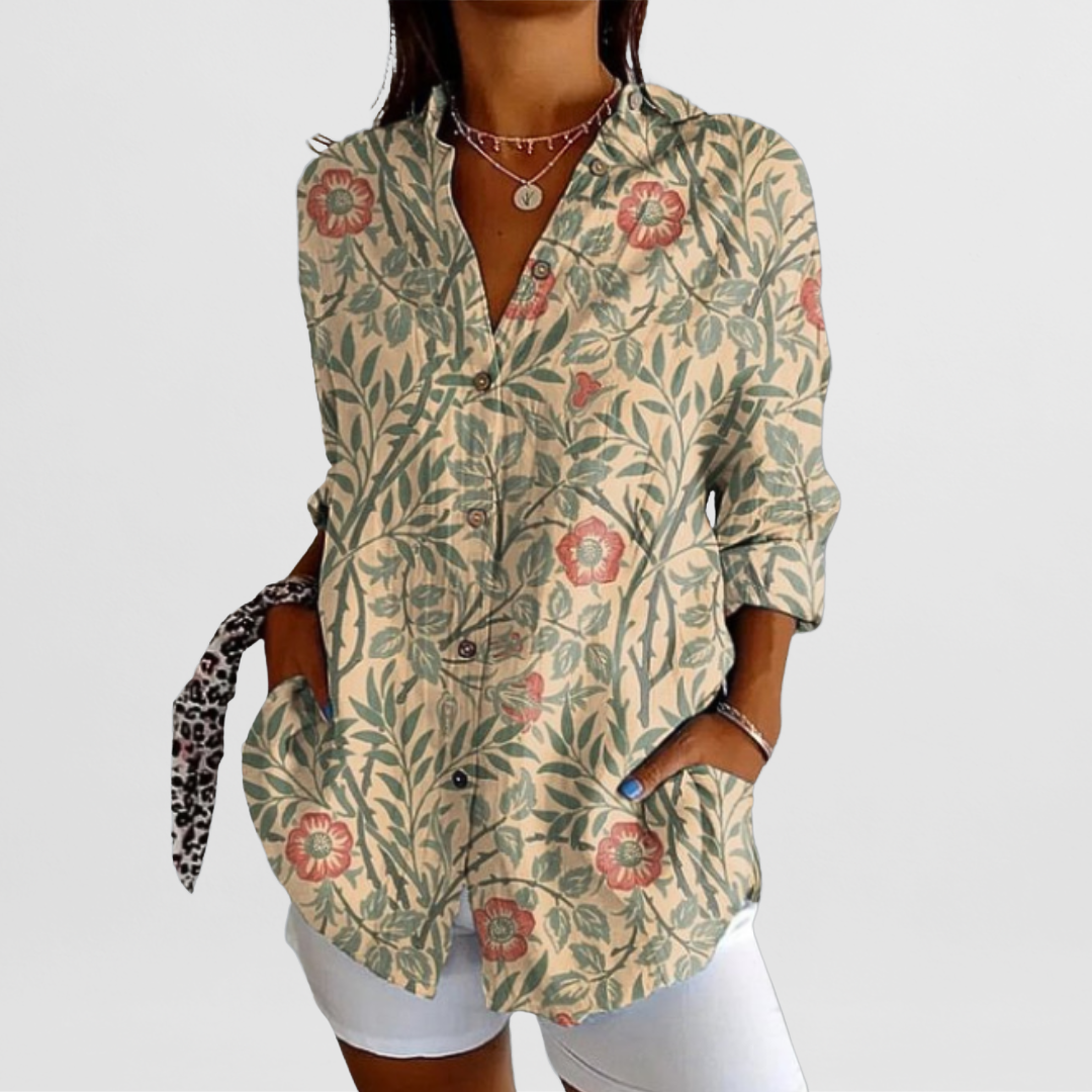 Women’s Blouse Printed Pattern Collared Neckline Button Front – Community Workshops