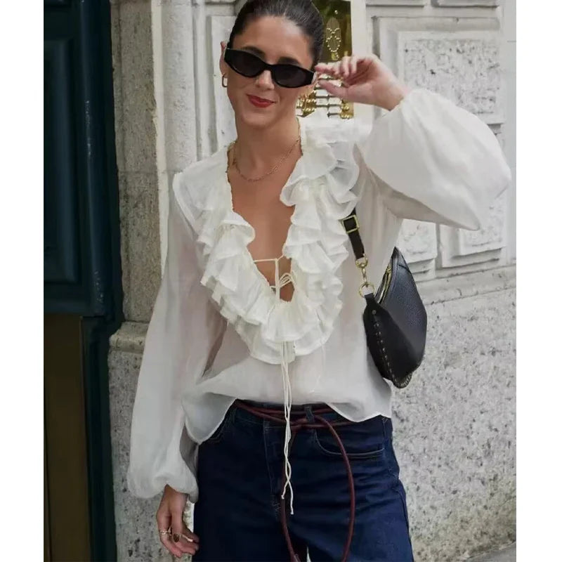 Women's Blouse Ruffle Tie Front Long Sleeve – Going Out Garden Party