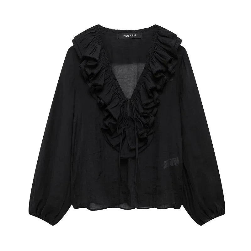 Women's Blouse Ruffle Tie Front Long Sleeve – Going Out Garden Party