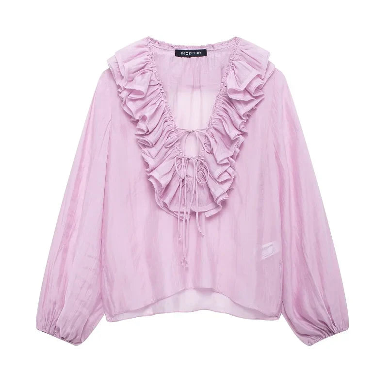 Women's Blouse Ruffle Tie Front Long Sleeve – Going Out Garden Party