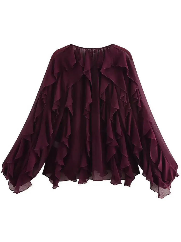 Women's Blouse Sheer Ruffle Trim Button Front Long Sleeve – Going Out