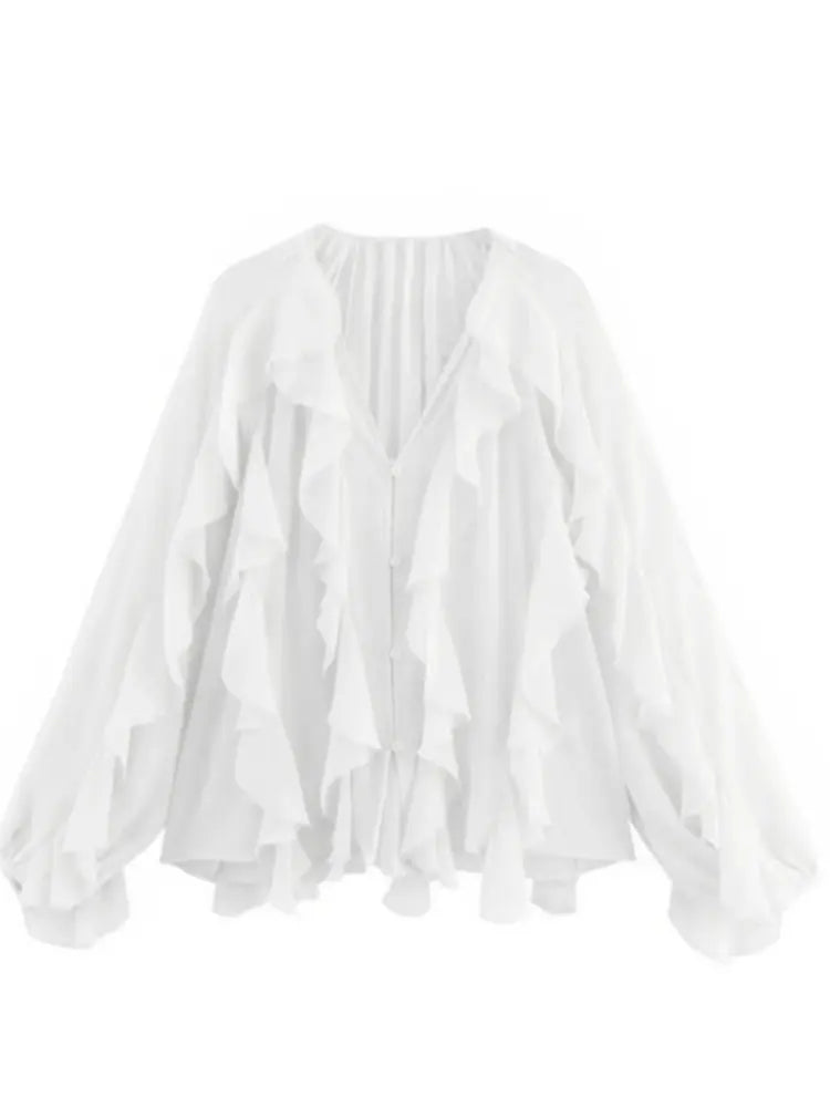 Women's Blouse Sheer Ruffle Trim Button Front Long Sleeve – Going Out