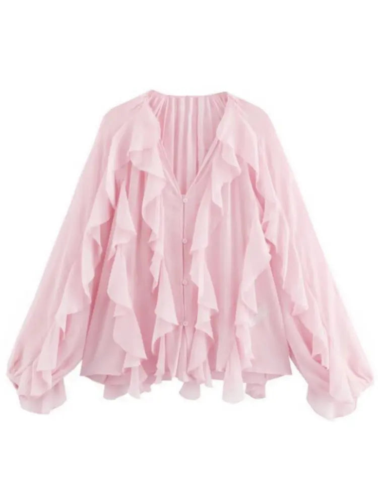 Women's Blouse Sheer Ruffle Trim Button Front Long Sleeve – Going Out