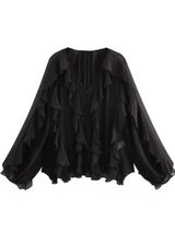 Women's Blouse Sheer Ruffle Trim Button Front Long Sleeve – Going Out