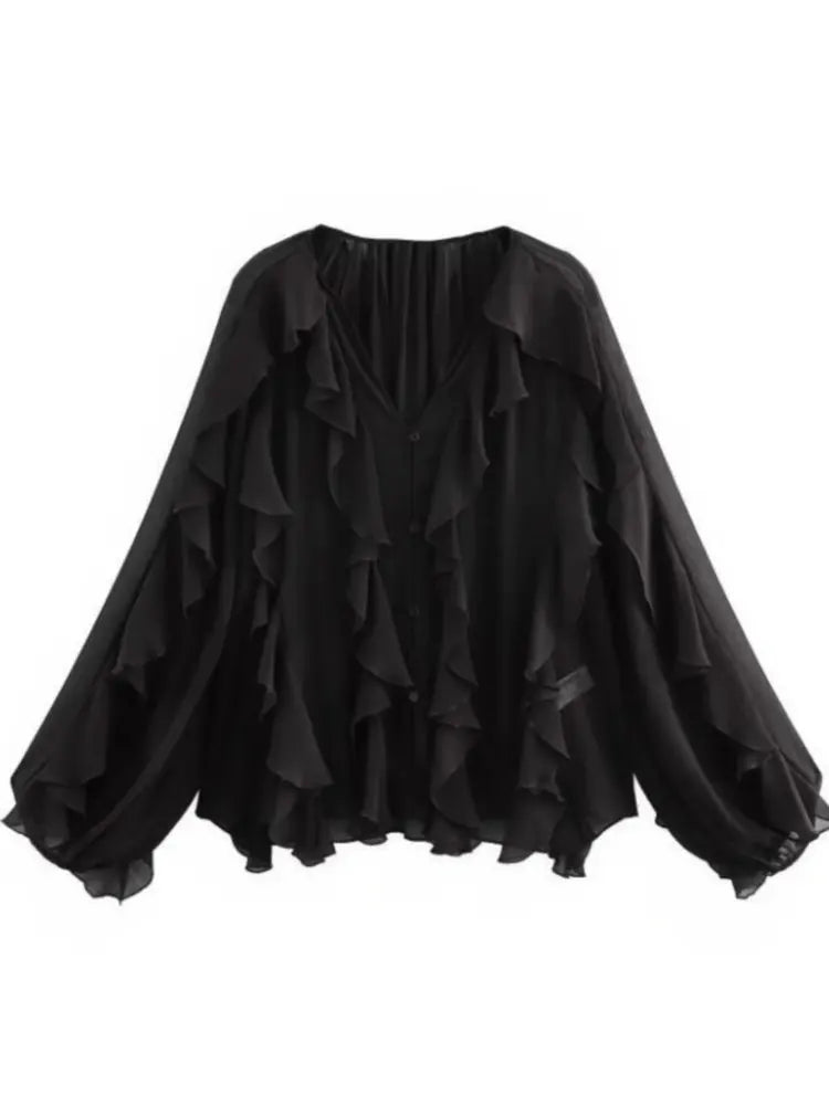 Women's Blouse Sheer Ruffle Trim Button Front Long Sleeve – Going Out