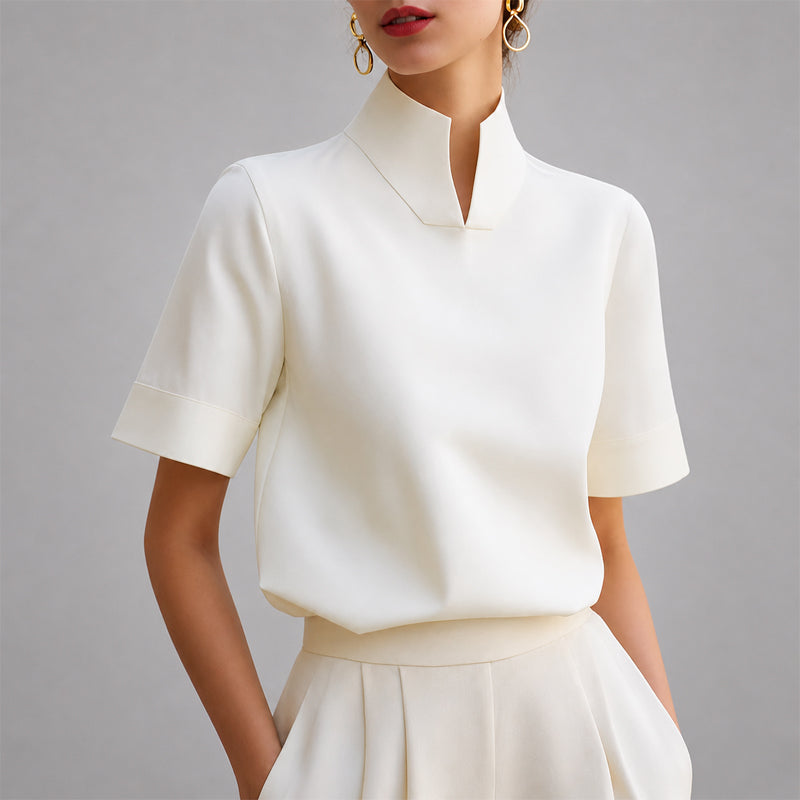 Women's Blouse Stand Collar V Cut Short Sleeve – Workday Meeting