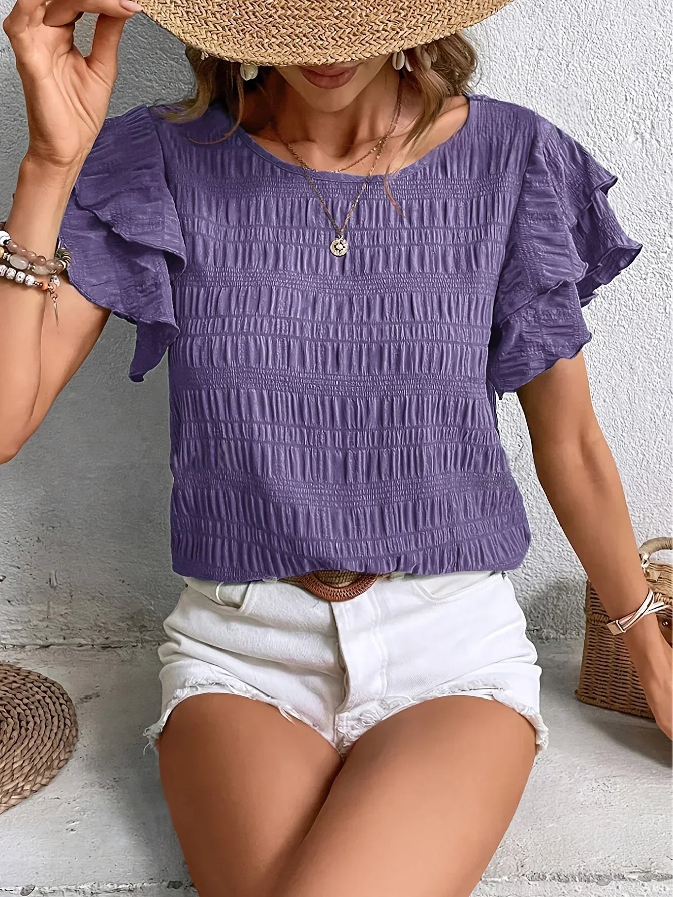 Women's Blouse Textured Ruffle Sleeve Crew Neck – Beach Vacation Casual Day