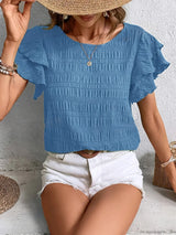Women's Blouse Textured Ruffle Sleeve Crew Neck – Beach Vacation Casual Day
