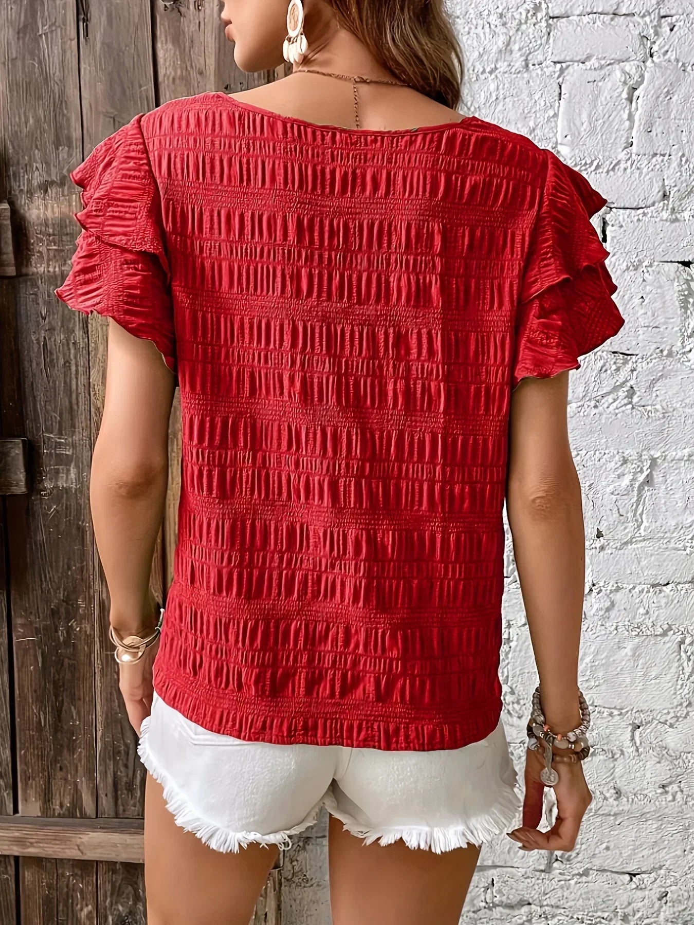 Women's Blouse Textured Ruffle Sleeve Crew Neck – Beach Vacation Casual Day