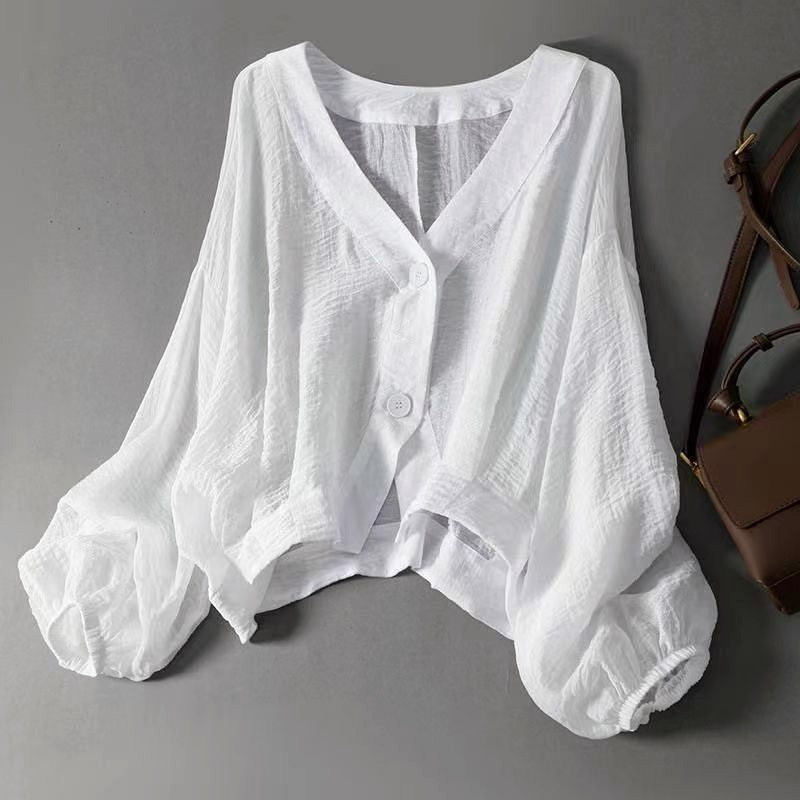 Women’s Blouse V-Neck Button Front Balloon Sleeves – Networking Lunches