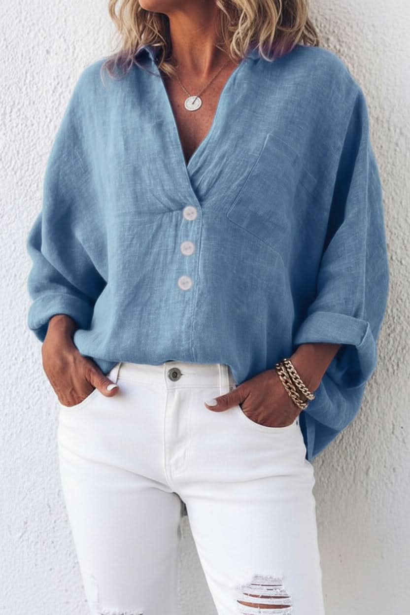 Women's Blouse V Neck Chest Pocket Partial Button Front – Weekend Market