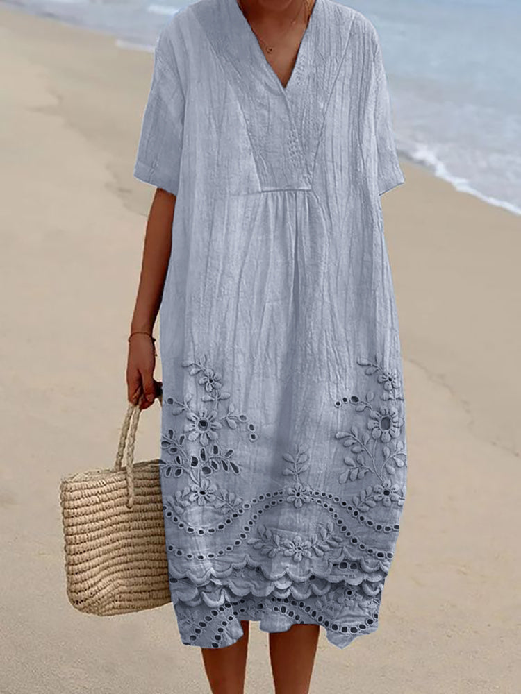 Women's Boho Midi Dress Embroidered V Neck Short Sleeve – Beach Vacation
