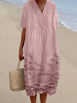 Women's Boho Midi Dress Embroidered V Neck Short Sleeve – Beach Vacation