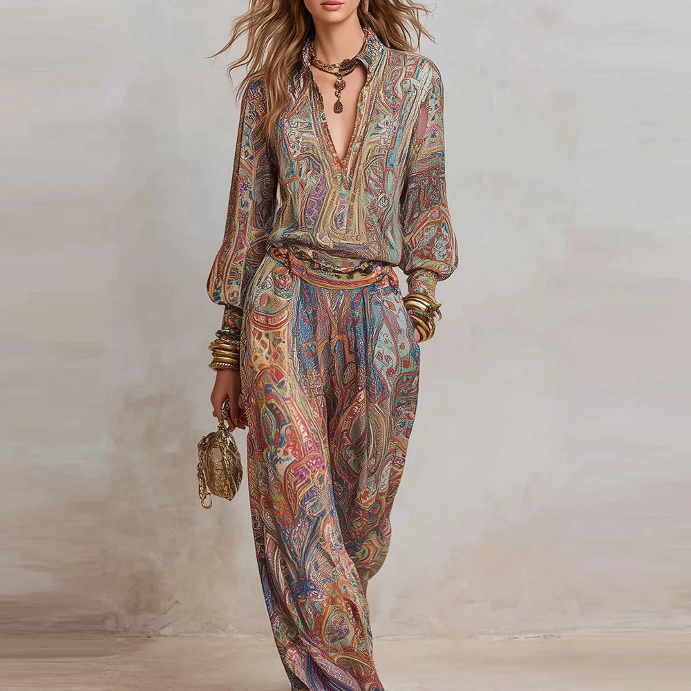 Women's Boho Paisley Print Two-Piece Set Wide Leg Collared – Beach Vacation