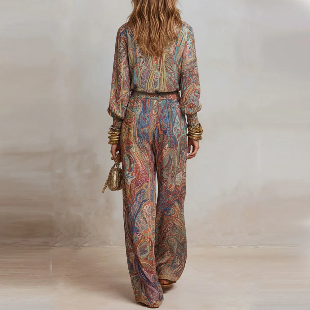 Women's Boho Paisley Print Two-Piece Set Wide Leg Collared – Beach Vacation