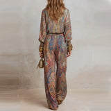 Women's Boho Paisley Print Two-Piece Set Wide Leg Collared – Beach Vacation