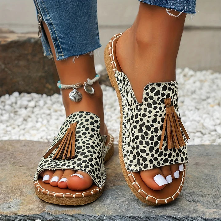 Women's Slide Sandals Open Toe Wide Strap Tassel Flat – Beach Wear
