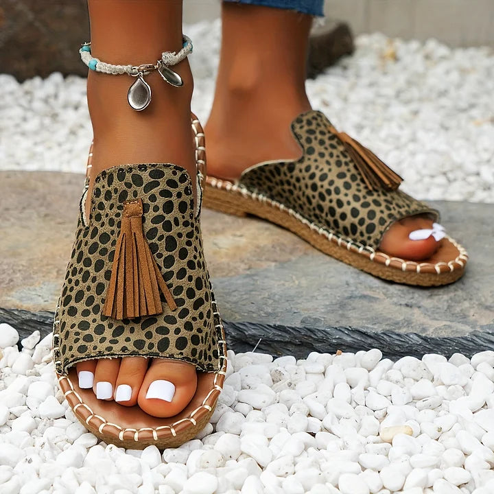 Women's Slide Sandals Open Toe Wide Strap Tassel Flat – Beach Wear