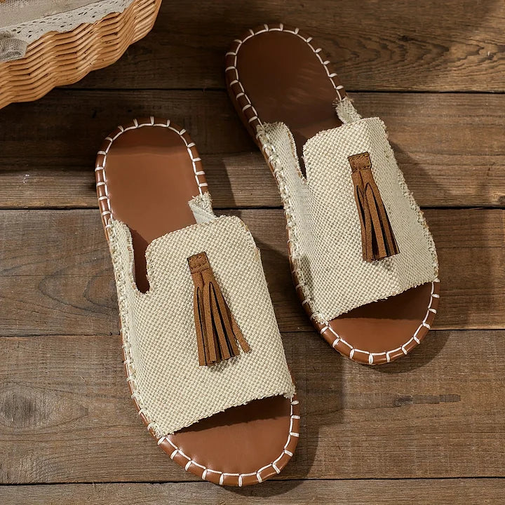 Women's Slide Sandals Open Toe Wide Strap Tassel Flat – Beach Wear