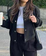 Women's Bomber Jacket Cropped Snap Button Ribbed – Outdoor Party