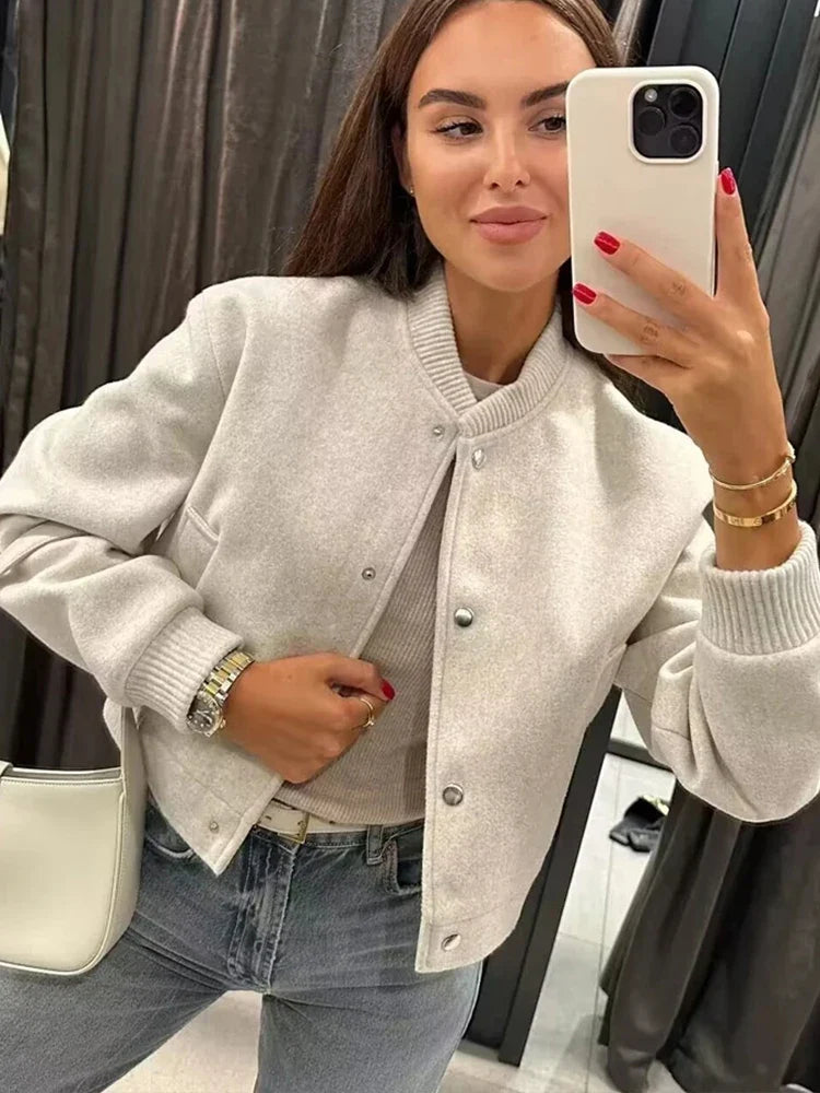 Women's Bomber Jacket Cropped Snap Button Ribbed – Outdoor Party