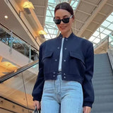 Women's Bomber Jacket Cropped Stand Collar Button Front – Hang Out
