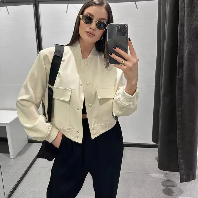 Women's Bomber Jacket Cropped Stand Collar Button Front – Hang Out