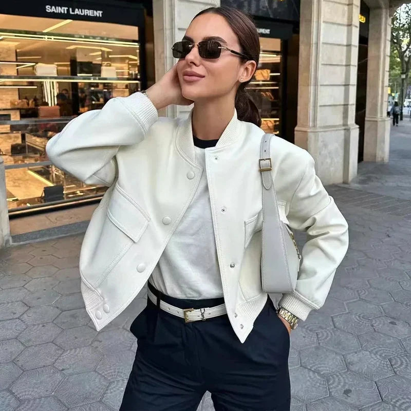 Women's Bomber Jacket Cropped Stand Collar Button Front – Hang Out