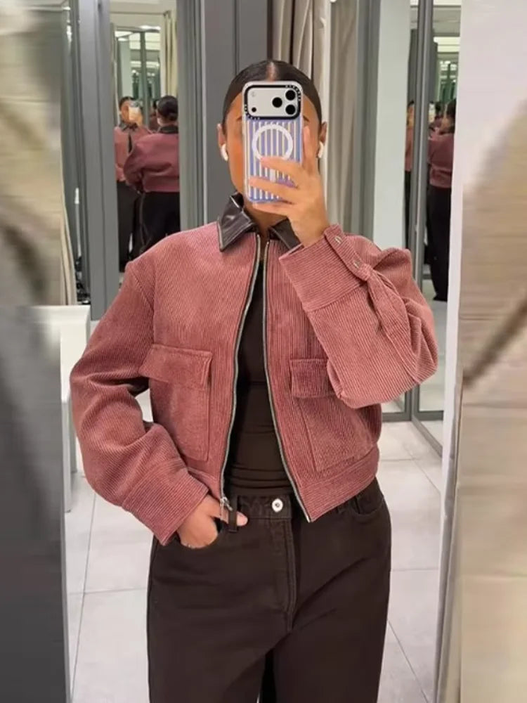 Women's Bomber Jacket Cropped Zip Front Ribbed Flap Pocket – Going Out
