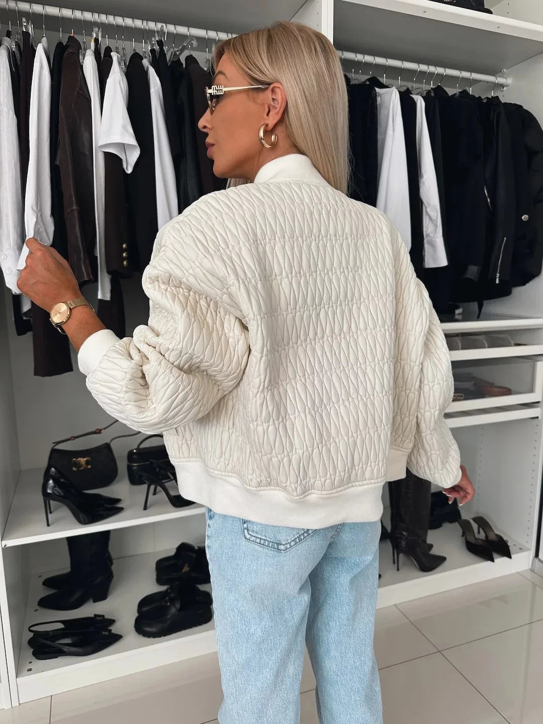 Women's Bomber Jacket Quilted Long Sleeve Zip Front Rib Collar – Going Out