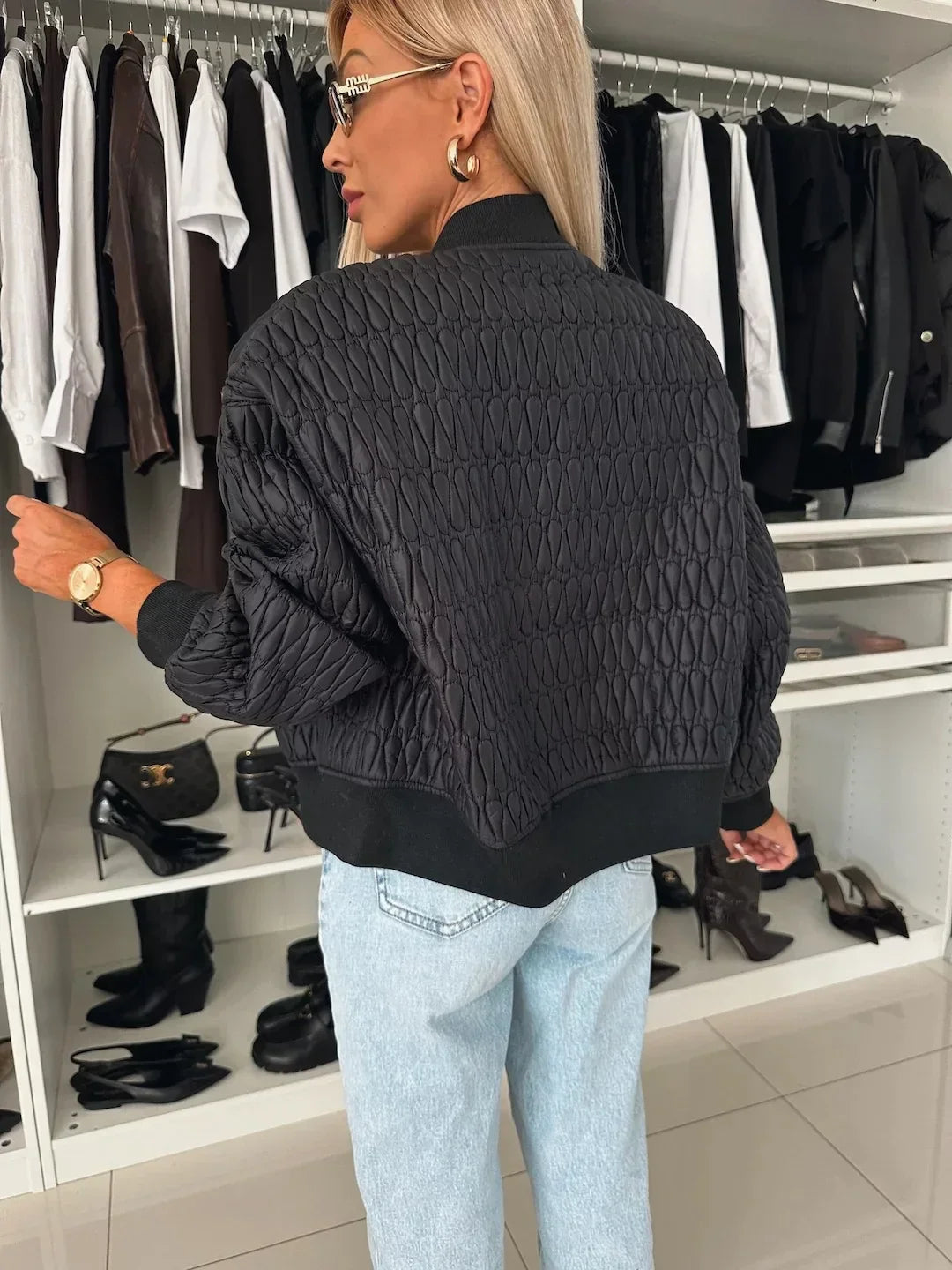 Women's Bomber Jacket Quilted Long Sleeve Zip Front Rib Collar – Going Out