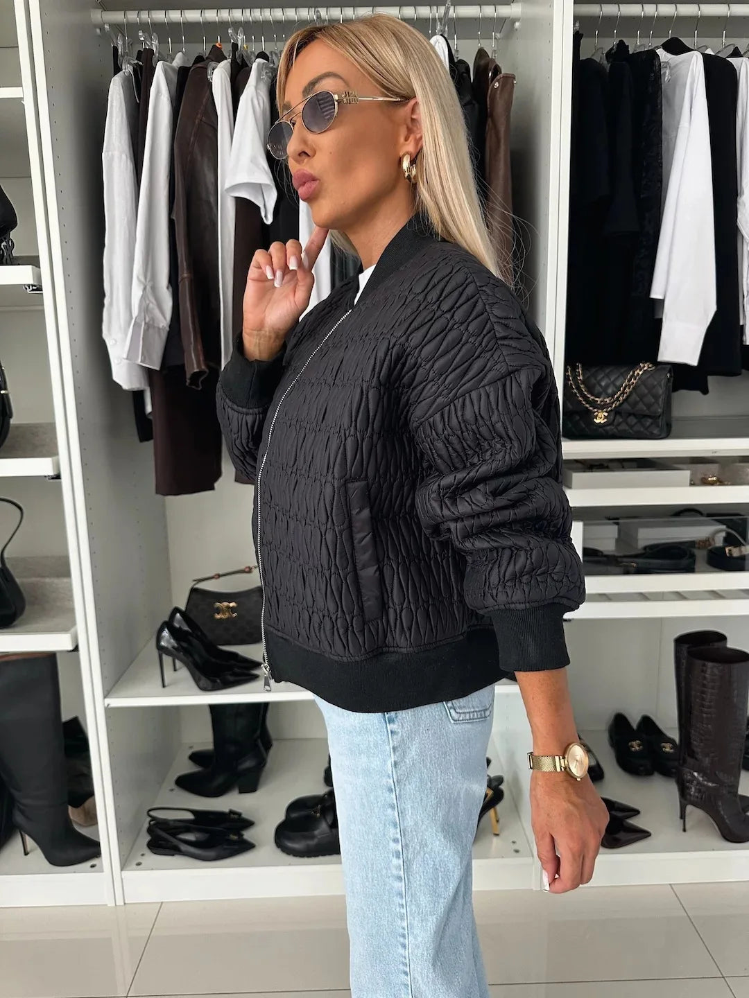 Women's Bomber Jacket Quilted Long Sleeve Zip Front Rib Collar – Going Out