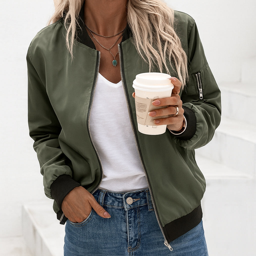 Women's Bomber Jacket Zip Front Long Sleeve Ribbed Trim – Weekend Plans