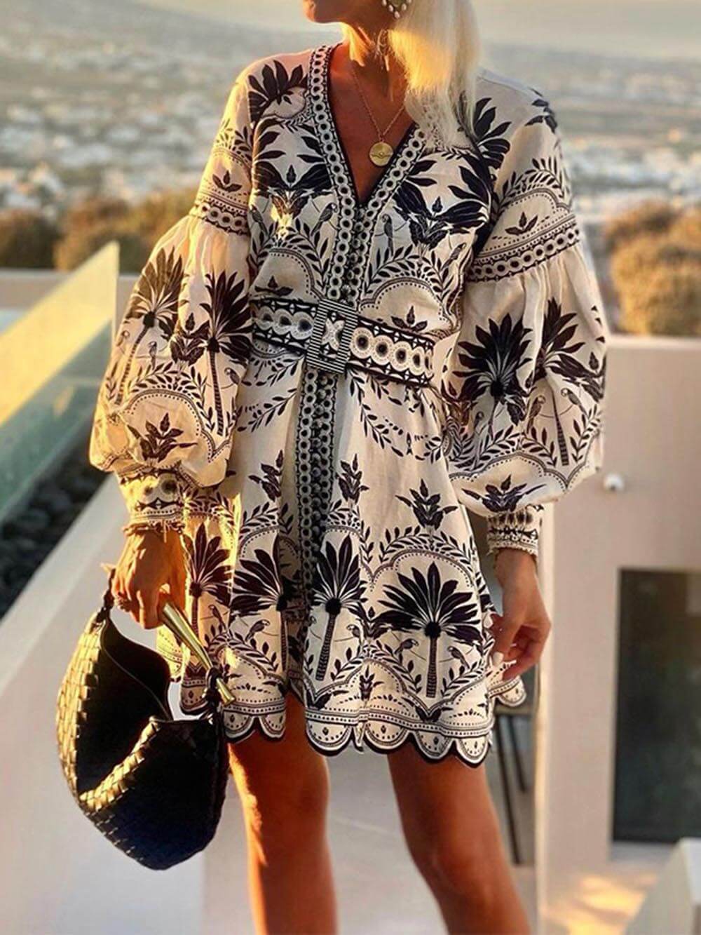 Women's Botanical Mini Dress V-Neck Balloon Sleeve Belted – Garden Party
